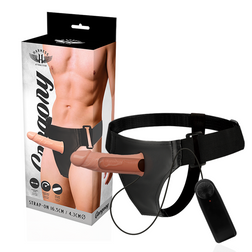 Harnais strap-on creux vibrant Gregory 16,5 cm en TPR marron, vu de face