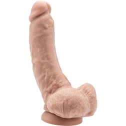 Realistischer hautfarbener gebogener Dildo 20,5 cm mit Hoden und Saugnapf aus hautfarbenem PVC 20.5 cm mit flacher Saugnapfbasis