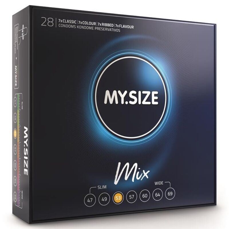 Mug pénis Préservatifs My.Size Mix 53 mm — boîte de 28 vu de face