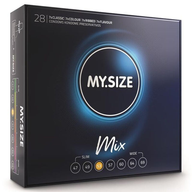 Mug pénis Préservatifs My.Size Mix 53 mm — boîte de 28 vu de face