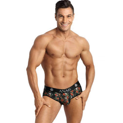 Lingerie sexy Jock bikini noir imprimé roses et crânes