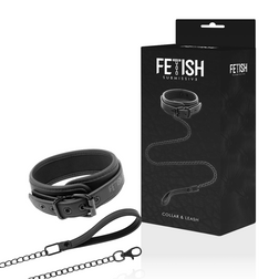 Collar de esclavo Fetish Submissive de cuero vegano negro con correa de cadena metálica, visto de frente