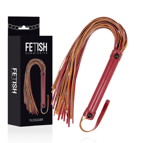 Fouet flogger en cuir rouge lanières plates — Dark Room en Cuir végan rouge vu de face