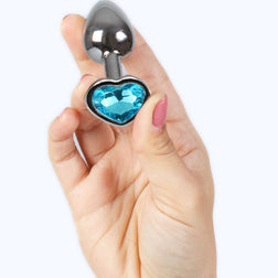 Plug métal cœur cristal bleu 7 cm taille S — vue de profil