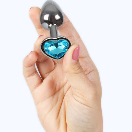 Plug métal cœur cristal bleu 7 cm taille S — vue de profil