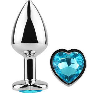 Plug métal cœur cristal bleu 7 cm taille S — gros plan