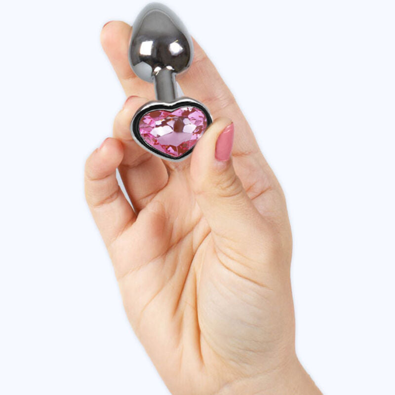 Plug métal cœur cristal fuchsia 7 cm taille S — gros plan