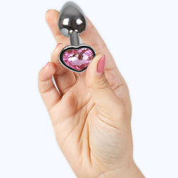 Plug métal cœur cristal fuchsia 7 cm taille S — gros plan