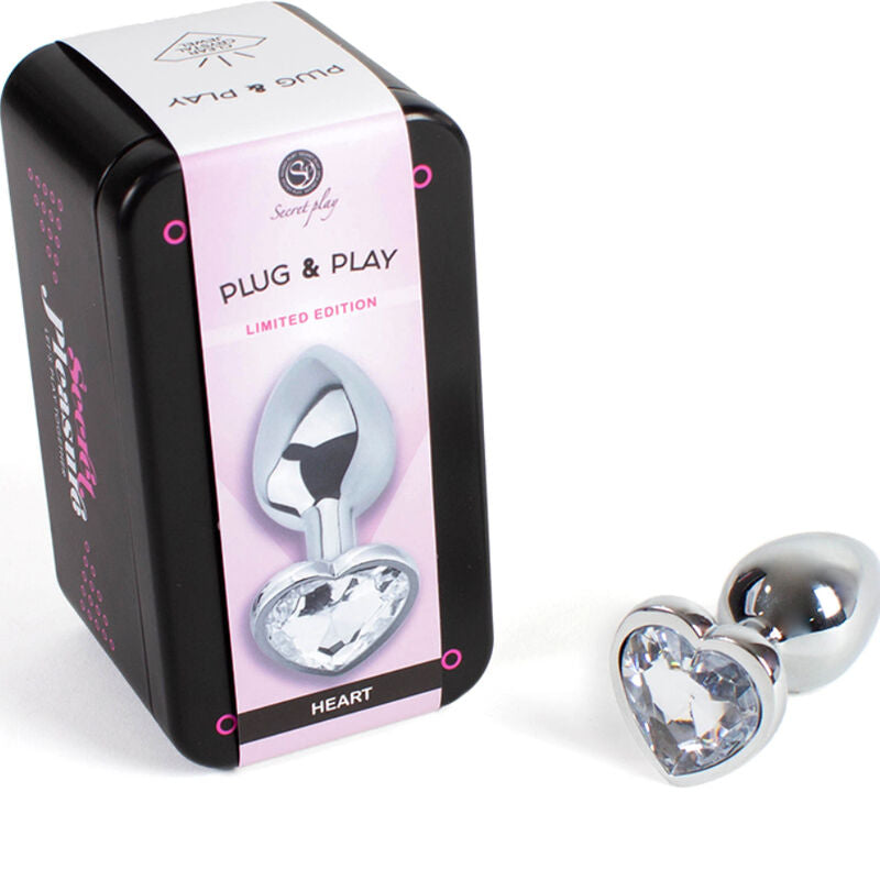 Plug métal cœur cristal transparent 7 cm taille S — vue de profil