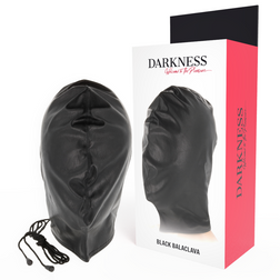 Cagoule BDSM intégrale noire Subjugation avec cordon et boîte Darkness