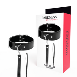 Black DARKNESS collar with silver-coloured ring, flat leash and packaging box