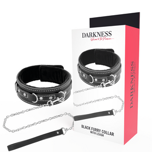 Collier Darkness en cuir noir rembourré avec laisse chaîne et boîte Black Furry Collar with Leash