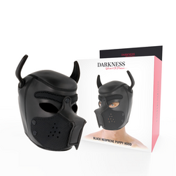 Cagoule puppy play Darkness en néoprène noir avec museau amovible — taille L