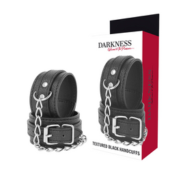 Menottes modèle simili cuir grainé noir, boucles chromées sans nickel en PVC noir pour le plaisir intime.