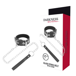 Schwarzer DARKNESS Penisring mit Kettenleine, Griff und Produktverpackung