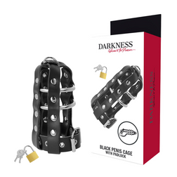 Cage de chasteté en cuir à cadenas — Black Penis Cage with Padlock
