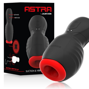 Jamyjob Astra à succion et vibrations présenté devant son coffret noir et rouge