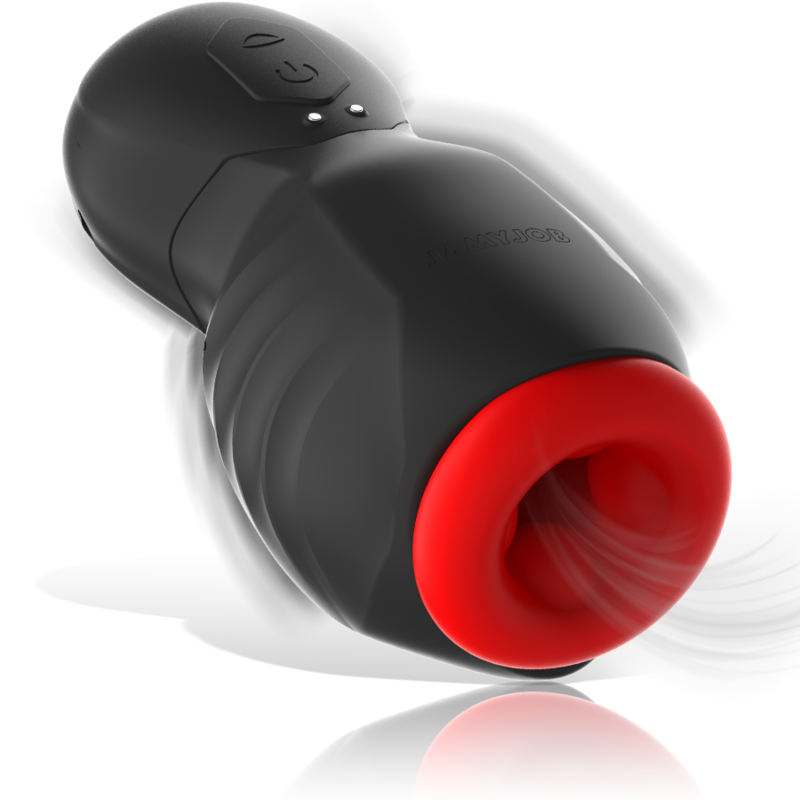 Masturbateur Jamyjob Astra noir et rouge vu de biais, avec embout souple et deux commandes