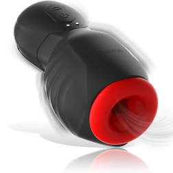Masturbateur Jamyjob Astra noir et rouge vu de biais, avec embout souple et deux commandes