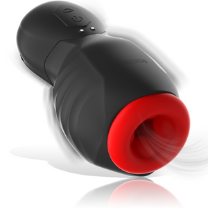 Masturbateur Jamyjob Astra noir et rouge vu de biais, avec embout souple et deux commandes