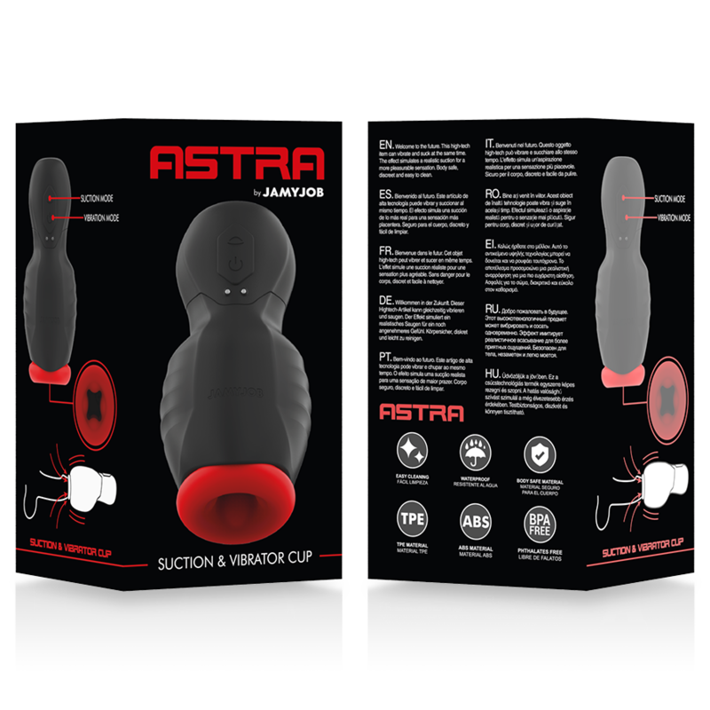 Face avant et dos du coffret Jamyjob Astra, avec commandes de succion et vibration et mentions TPE et ABS