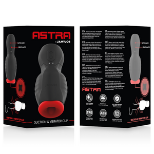 Face avant et dos du coffret Jamyjob Astra, avec commandes de succion et vibration et mentions TPE et ABS