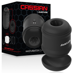 Jamyjob Cassian noir devant son coffret, avec son ouverture texturée et un couvercle au pied du boîtier