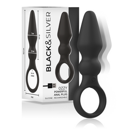 Plug anal vibrant double couche avec anneau 9,4 cm — Ozzy en Silicone noir 9.4 cm vu de face