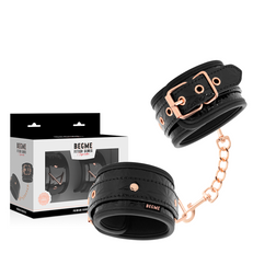 Menottes poignets cuir végan noir, boucles et chaîne or rose