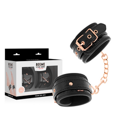 Menottes chevilles cuir végan noir, boucles et chaîne or rose