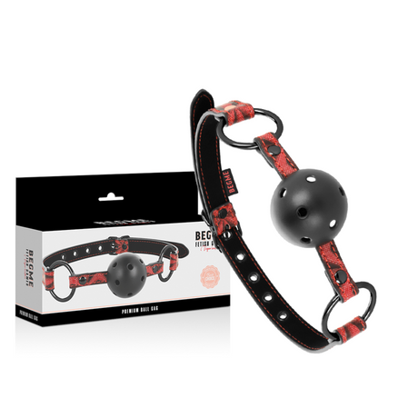 Bâillon boule respirante rouge sangle noire en Cuir végan rouge vu de face