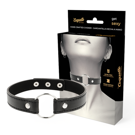 Cockring Coquette Accessories Choker collier cuir végan avec anneau acier noir vu de face