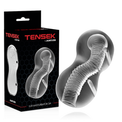 Masturbateur Tensek 3 transparent devant sa boîte noire et rouge Jamyjob