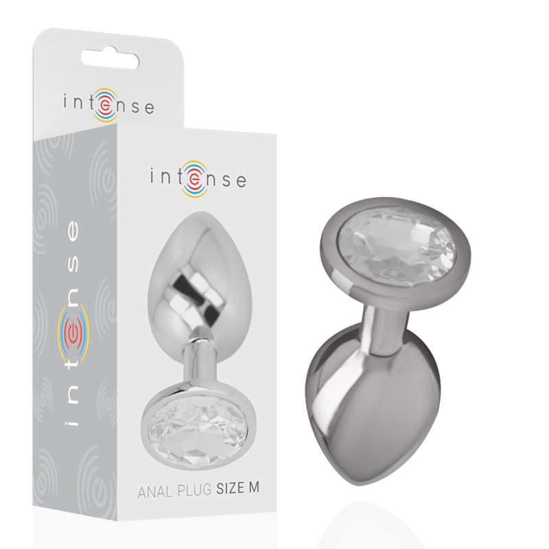 Plug anal Intense Anal Toys Plug alu strass transparent taille M 8 cm — Intense en Aluminium argent 8.0 cm vu de face