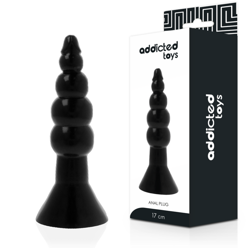 Plug anal noir à quatre boules graduées, posé à côté de sa boîte Addicted Toys