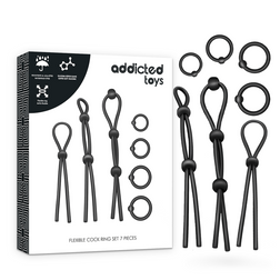 Cockring Addicted Toys Kit 7 s lassos et anneaux silicone noir noir vu de face
