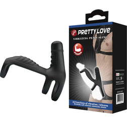 Gaine pénis Gaine pénienne vibrante avec cockring 10 modes — Pretty Love en Silicone noir vu de face
