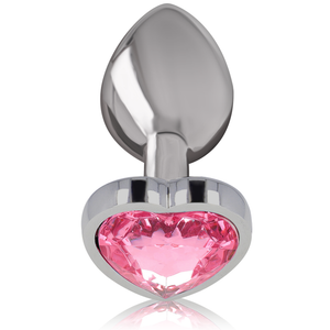 Close-up van de plug maat S: glad zilverkleurig lichaam en hartvormige basis versierd met een roze juweel