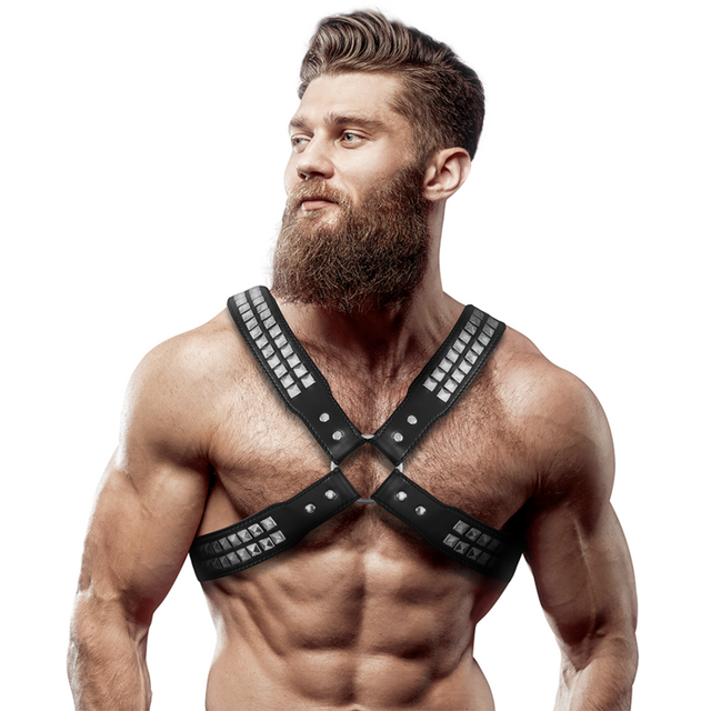 FETISH SUBMISSIVE ATTITUDE HARNAIS EN CUIR ECOLOGIQUE POUR HOMMES POITRINE CROISEE AVEC RIVETS