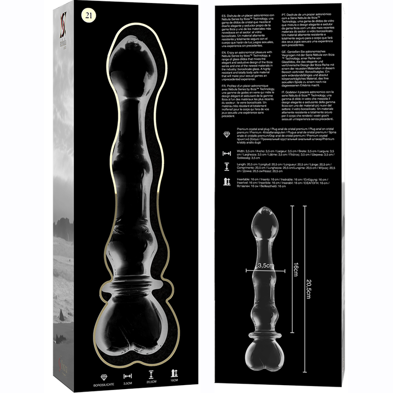 Gode en verre 20,5 cm Ø 3,5 cm format long — texture visible