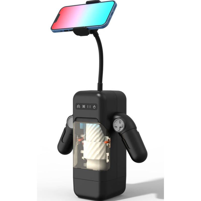 Game Cup noir avec deux poignées, fenêtre transparente et support smartphone flexible, téléphone présenté à l'horizontale