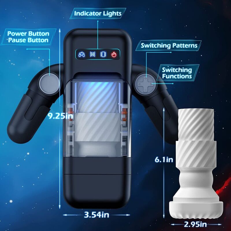 Schéma du boîtier et de la gaine du Game Cup avec dimensions en pouces et repères des commandes