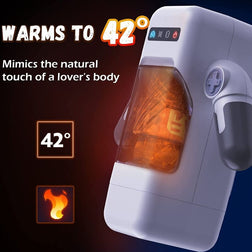 Visuel de la fonction chauffante jusqu'à 42 °C sur un Game Cup blanc présenté en illustration