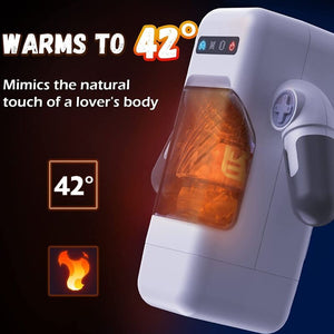 Visuel de la fonction chauffante jusqu'à 42 °C sur un Game Cup blanc présenté en illustration