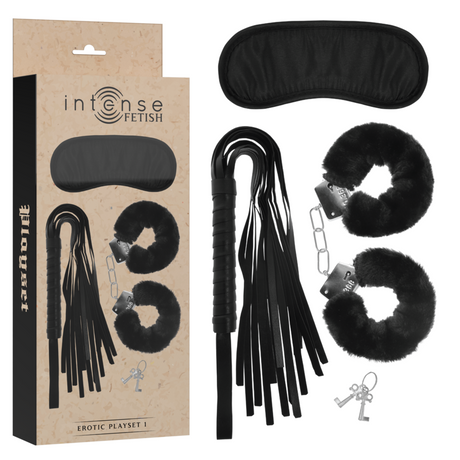 Menottes Intense Fetish Kit BDSM débutant : fourrure, masque et flogger — Playset 1 en Cuir végan noir vu de face