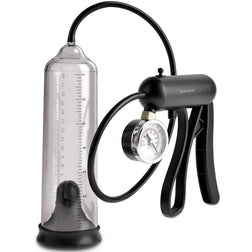 Pompe à pénis Pro-Gauge transparente avec poignée à gâchette et manomètre intégré.