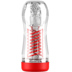 Vue isolée du masturbateur transparent avec sa structure interne en spirale rouge