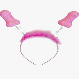 Serre-tête pénis rose pailleté avec plumes sur ressorts pour soirée déguisée