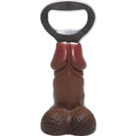 Brown penis-shaped bottle opener with a metal element at the base.