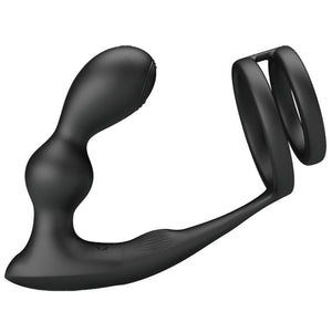 Cockring double anneau + masseur prostatique vibrant télécommandé — gros plan